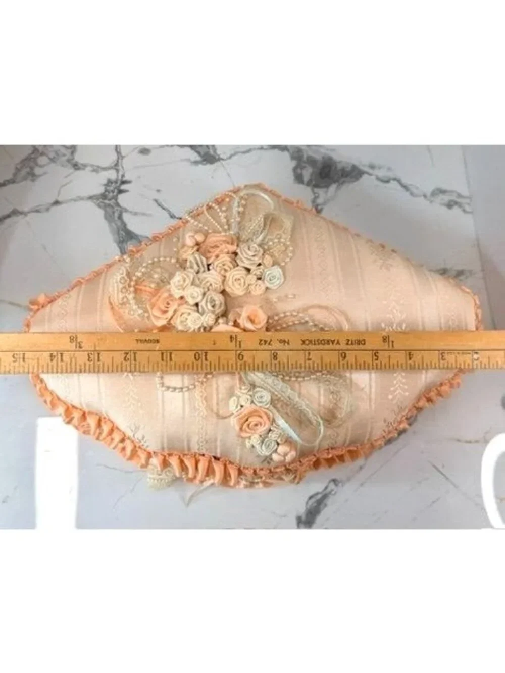 VTG Shabby Chic Peach Satin Fabric Keepsake Box Ribbon Roses Pearls
